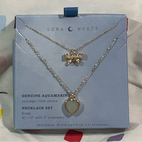 Luna Norte Jewelry - LUNA NORTE Bow And Heart Charm Necklace Set With Genuine Aquamarine NWTS